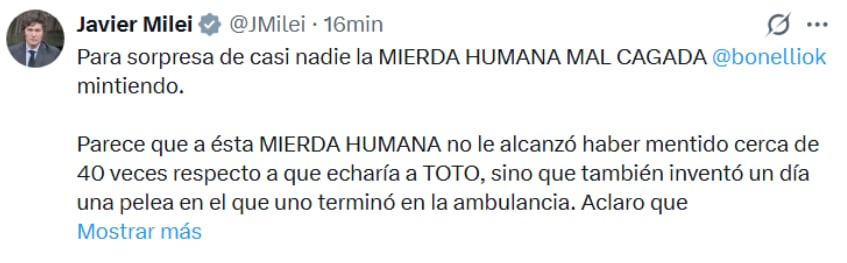 Parte del tuit de Milei contra Bonelli