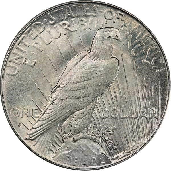 La marca de ceca que identifica a la Casa de la Moneda de San Francisco se puede observar en el reverso de la pieza, justo por debajo de la letra