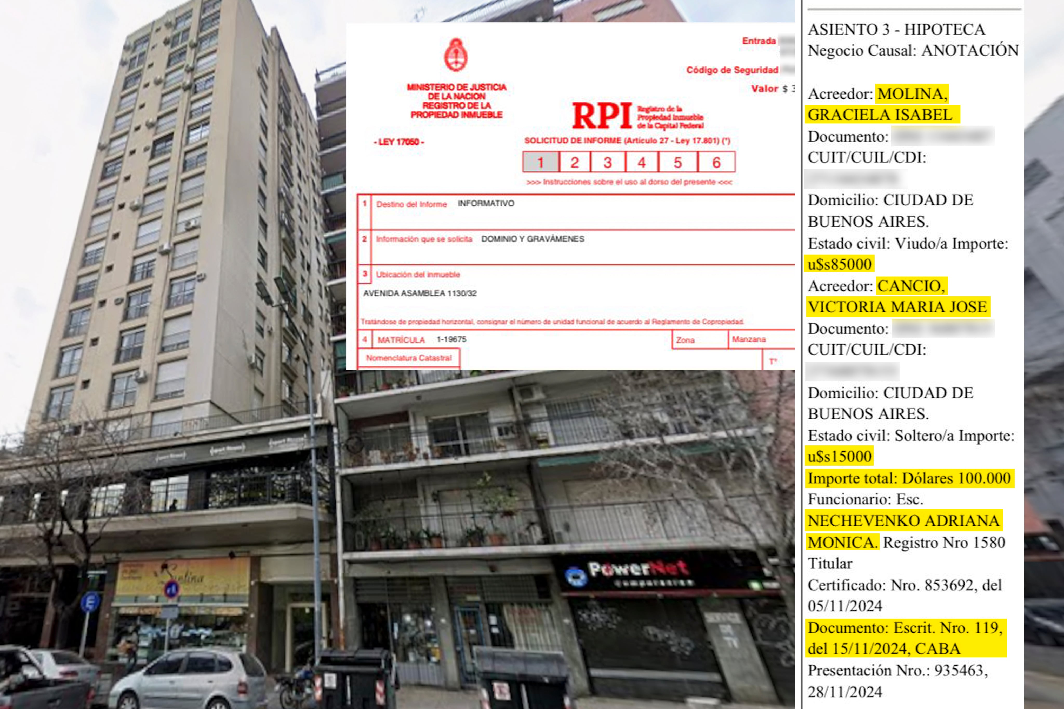 La hipoteca del departamento de la calle Asamblea de Adorni y su mujer; está situado en Asamblea 1130, en la Ciudad de Buenos Aires