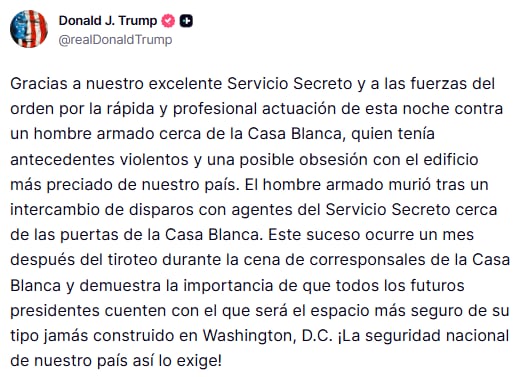 El Servicio Secreto abatió a una persona que se acercó armada a las inmediaciones de la Casa Blanca 9 El presidente de Estados Unidos indicó que el hombre que abrió fuego en las inmediaciones de la Casa Blanca
