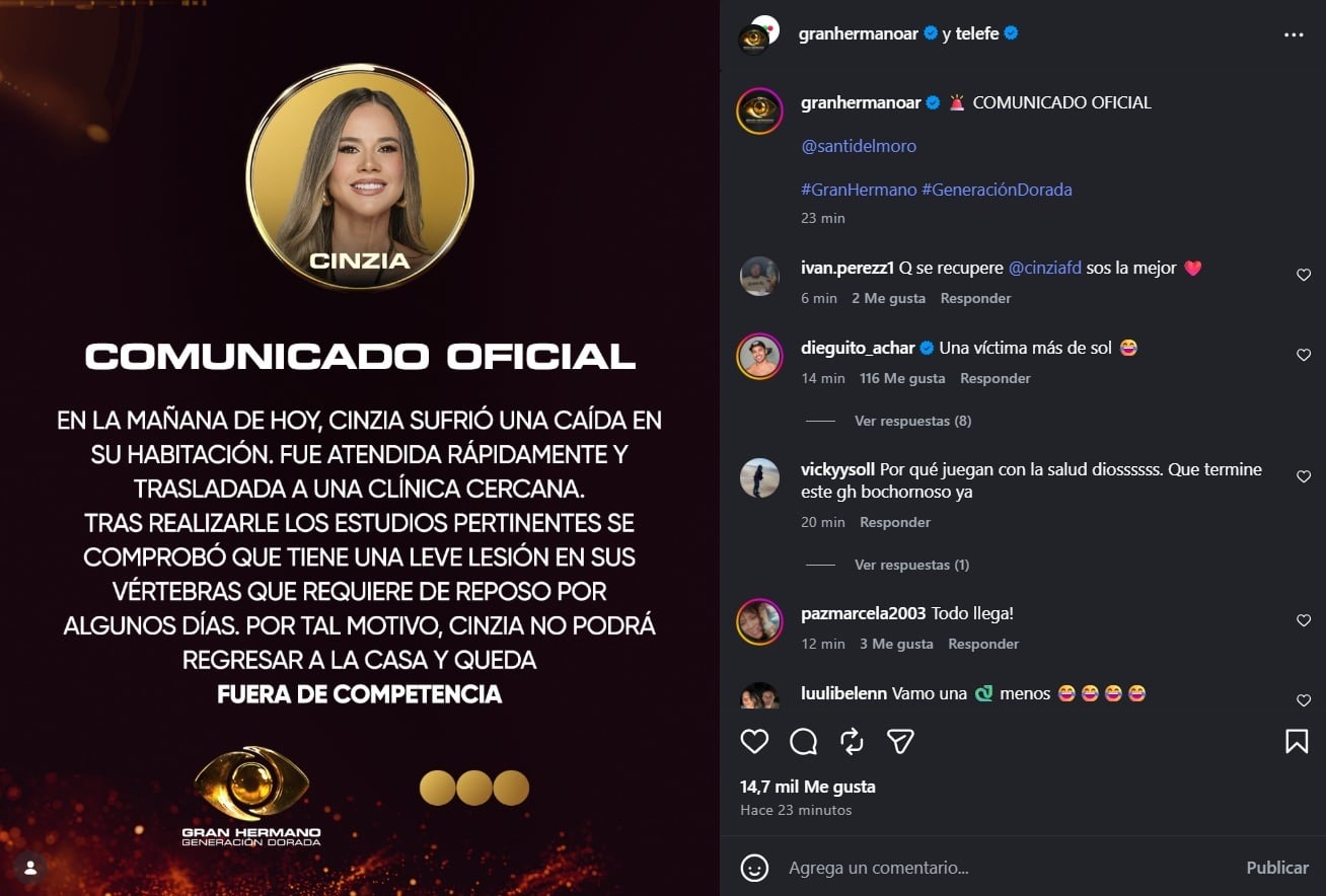 Cinzia no regresará a la casa de Gran Hermano