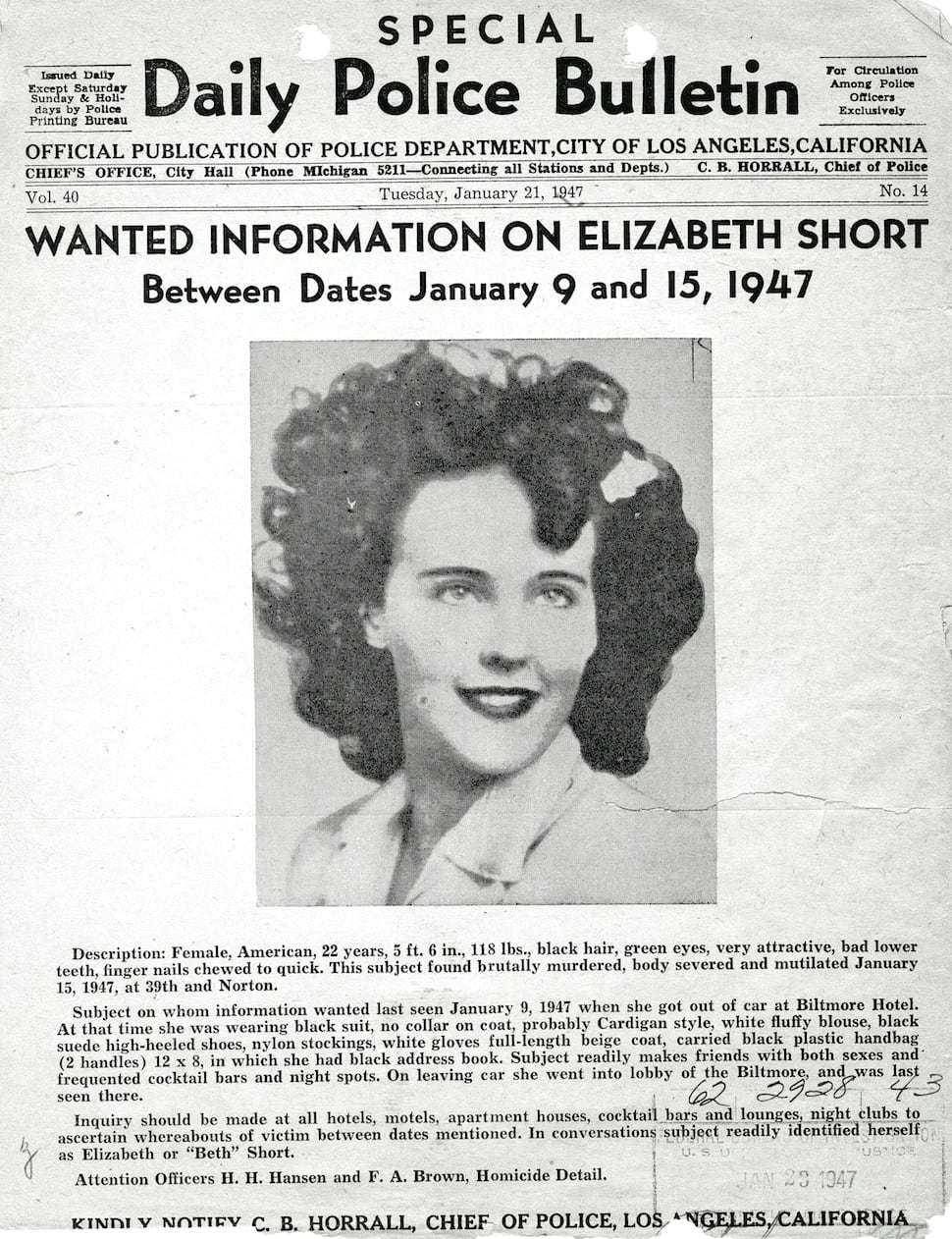 Folleto del Departamento de Policía de Los Ángeles sobre Elizabeth Short