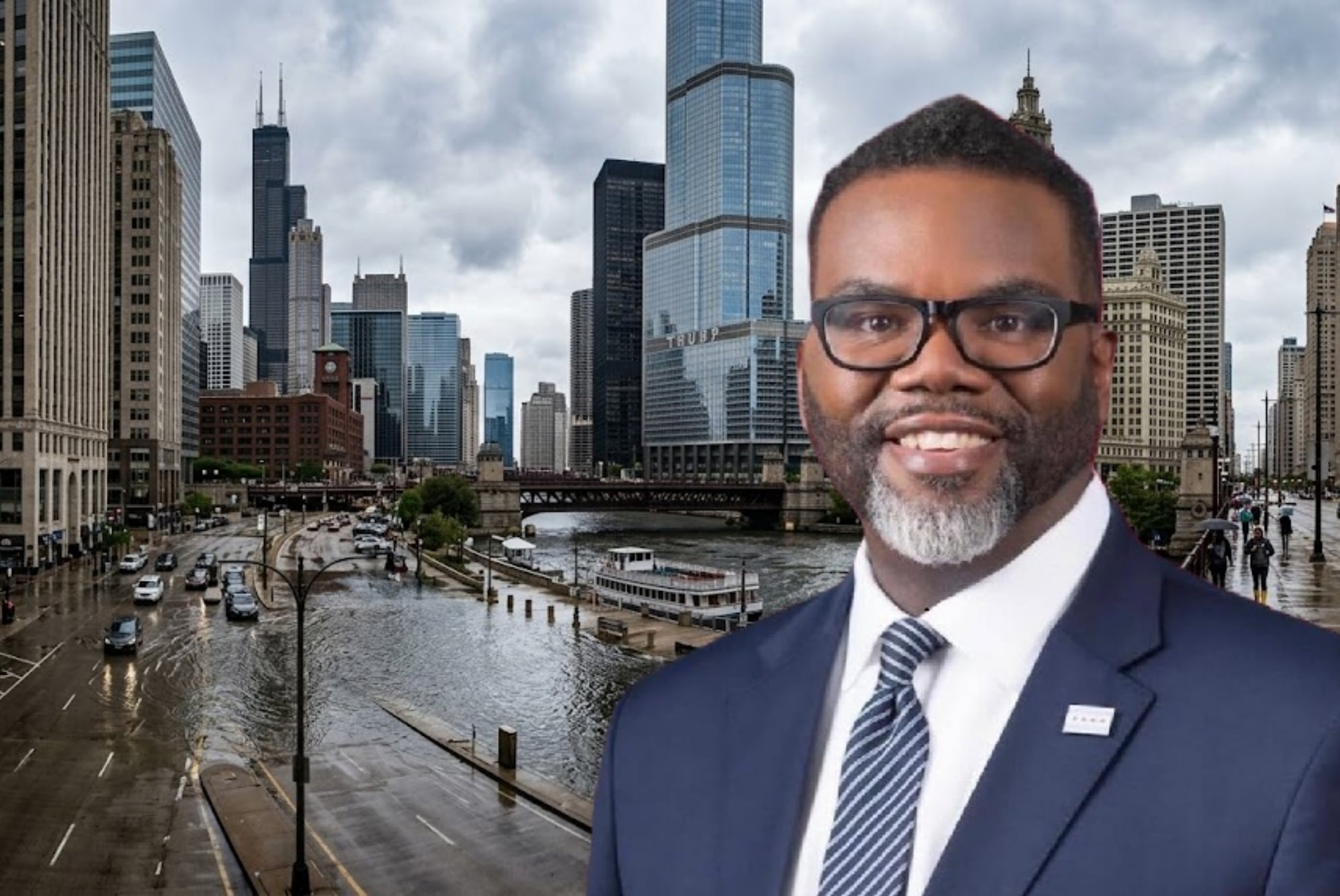 Vista aérea de Chicago con diagrama de túneles subterráneos para control de inundaciones