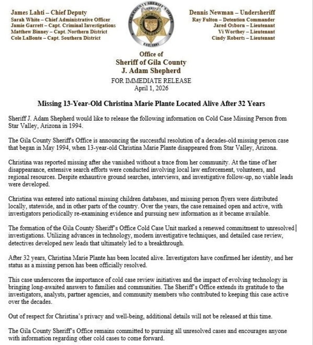 El comunicado que emitió la Oficina del Sheriff del Condado de Gilia tras la aparición de Plante (Foto: Sheriff's Office)