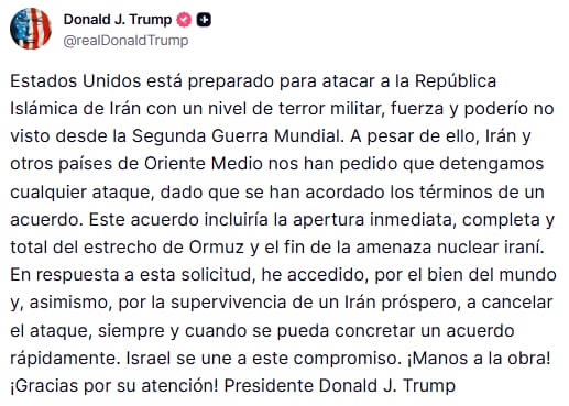 Donald Trump publicó un texto en el que indica que cesarán los ataques contra Irán