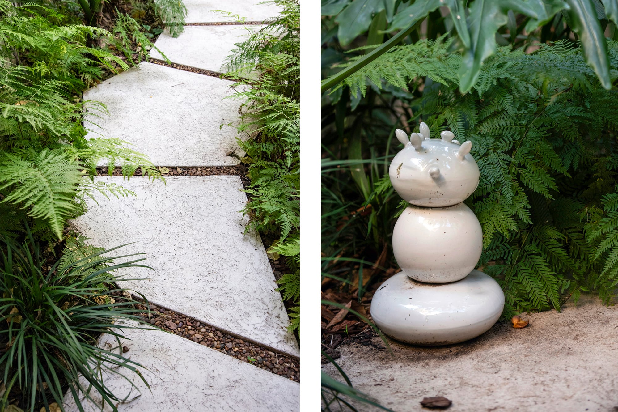 Detalle de las lajas de los senderos y de una de las esculturas del artista Leo Battistelli