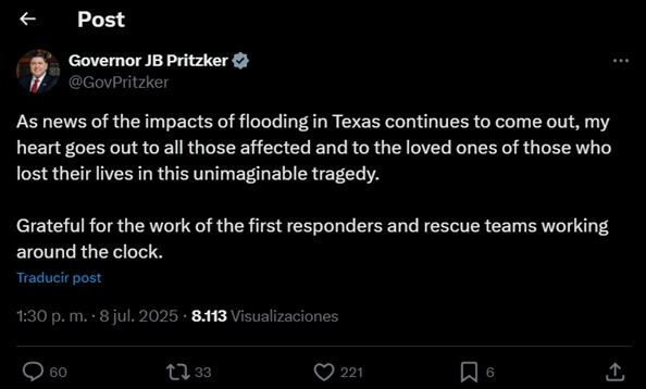 El mensaje del gobernador de Illinois tras las inundaciones en Texas