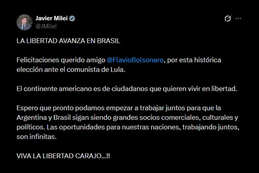 El presidente Javier Milei celebró la victoria de Flavio Bolsonaro sobre Lula da Silva en los comicios de Brasil
