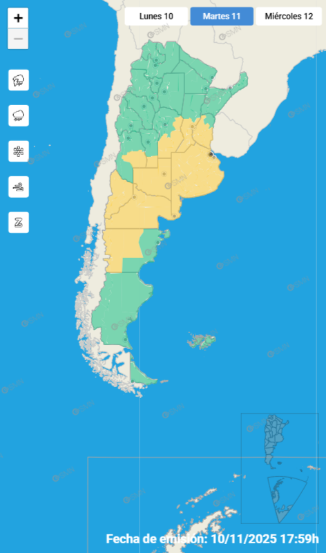 Las alertas emitidas por el SMN para este martes 11 de noviembre