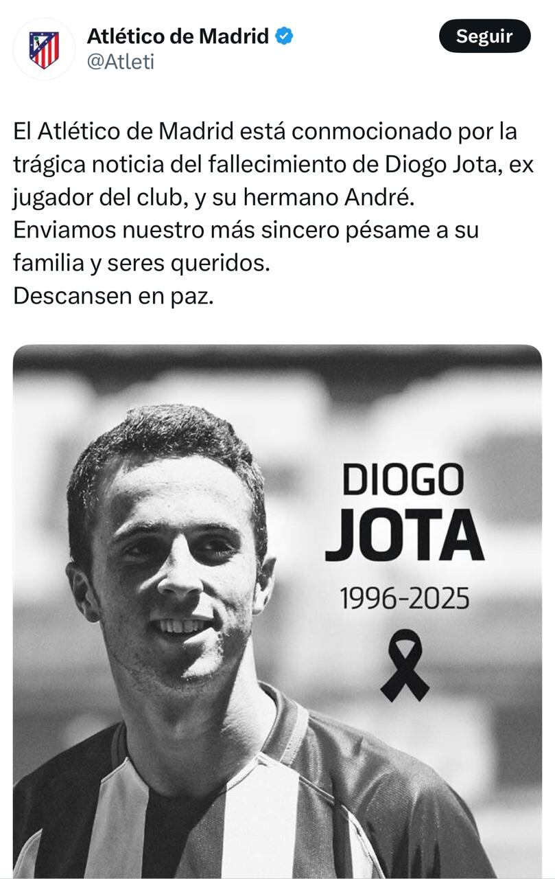Posteo de Atlético de Madrid sobre la muerte de Diogo Jota