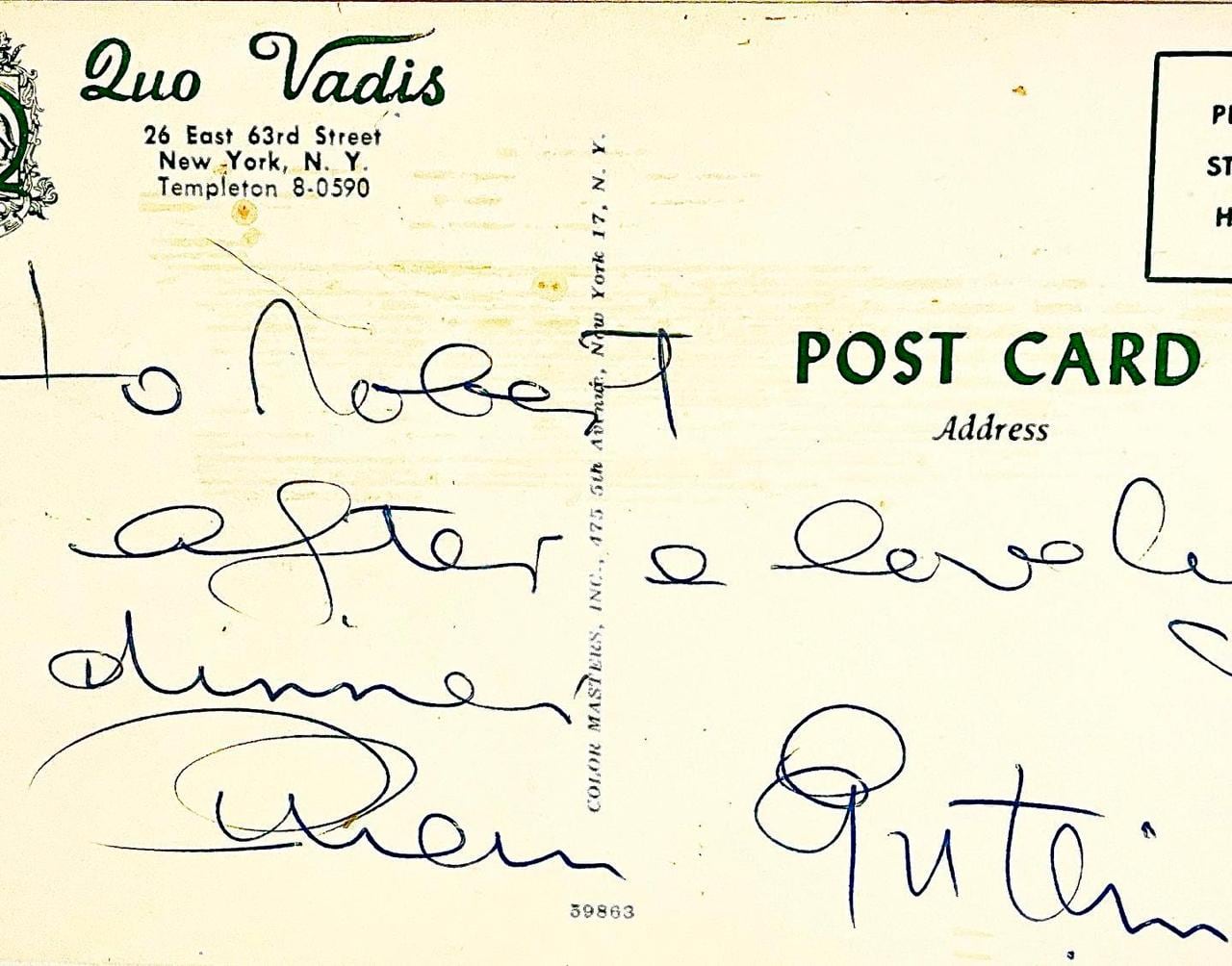 Una postal firmada por Brian Epstein, representante de The Beatles, con el membrete de Quo Vadis