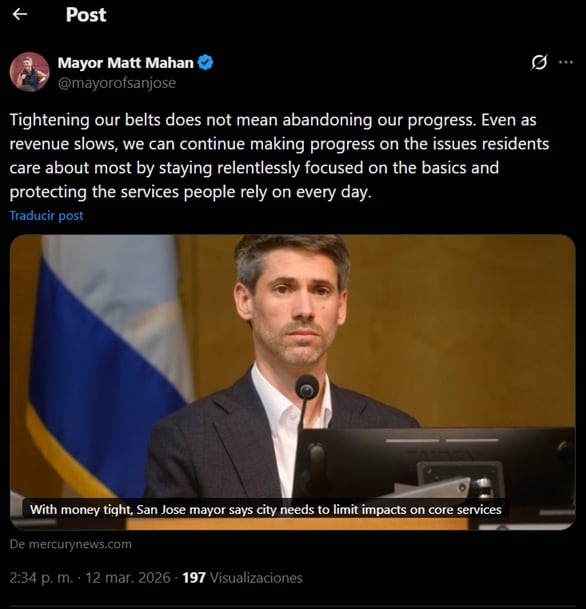 El alcalde Matt Mahan anuncia medidas de austeridad en San José