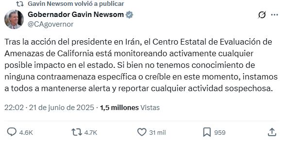 Gavin Newsom advirtió que las autoridades locales monitoreaban cualquier repercusión por los ataques en el Estado Dorado
