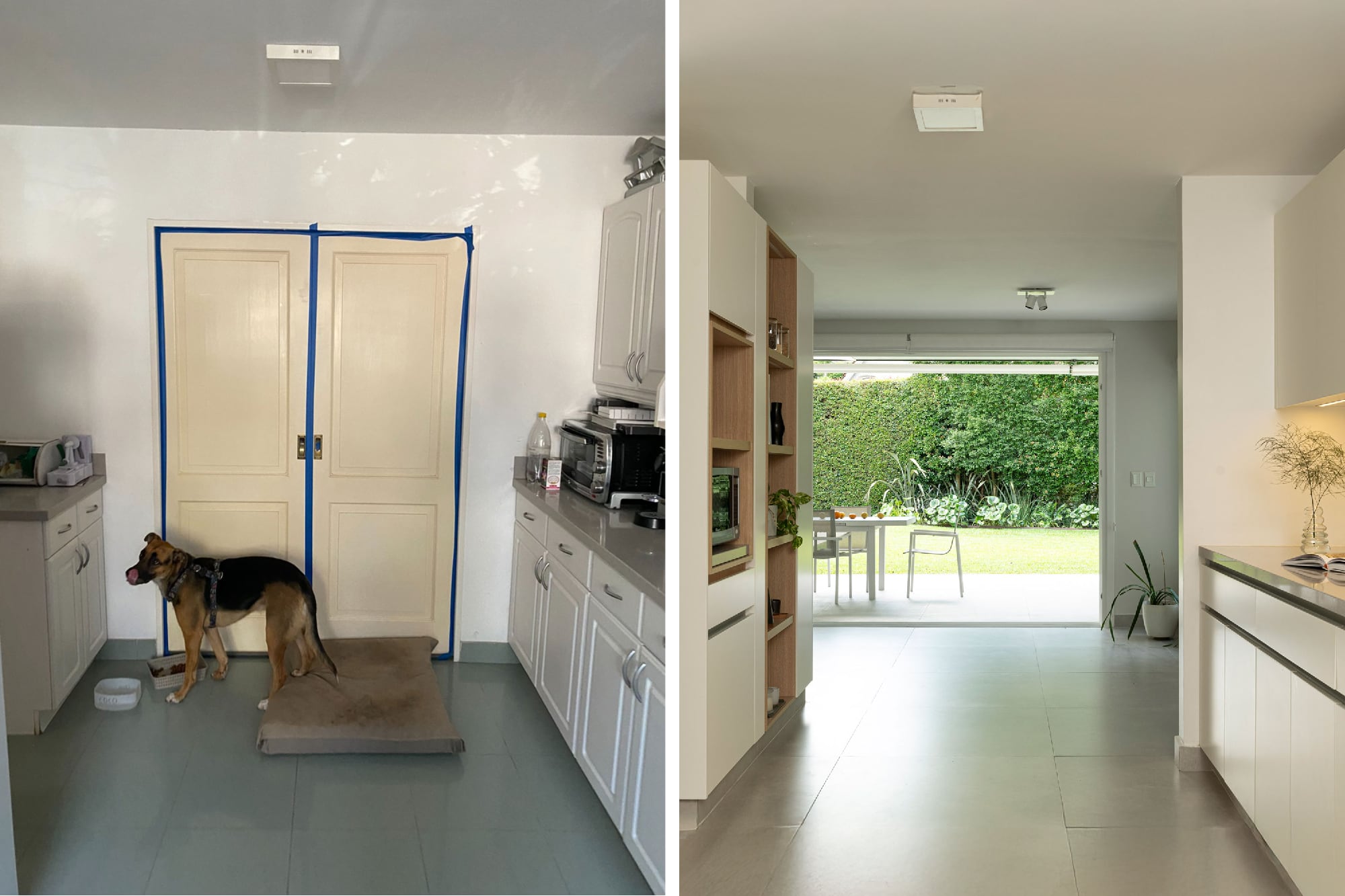 En el antes y después se puede ver uno de los gestos más significativos: la apertura de la cocina hacia la galería y el verde.