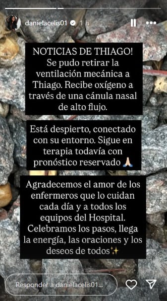 Daniela Celis compartió el parte médico de Thiago Medina y confirmó que le quitaron la ventilación mecánica
