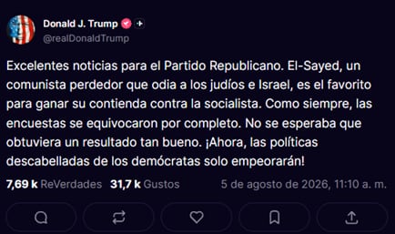 Tras conocerse el resultado, el presidente Trump descalificó a El-Sayed en redes sociales catalogándolo como un