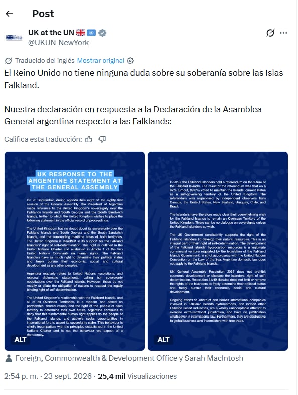 La reacción del Reino Unido al discurso de Milei sobre Malvinas ante la ONU