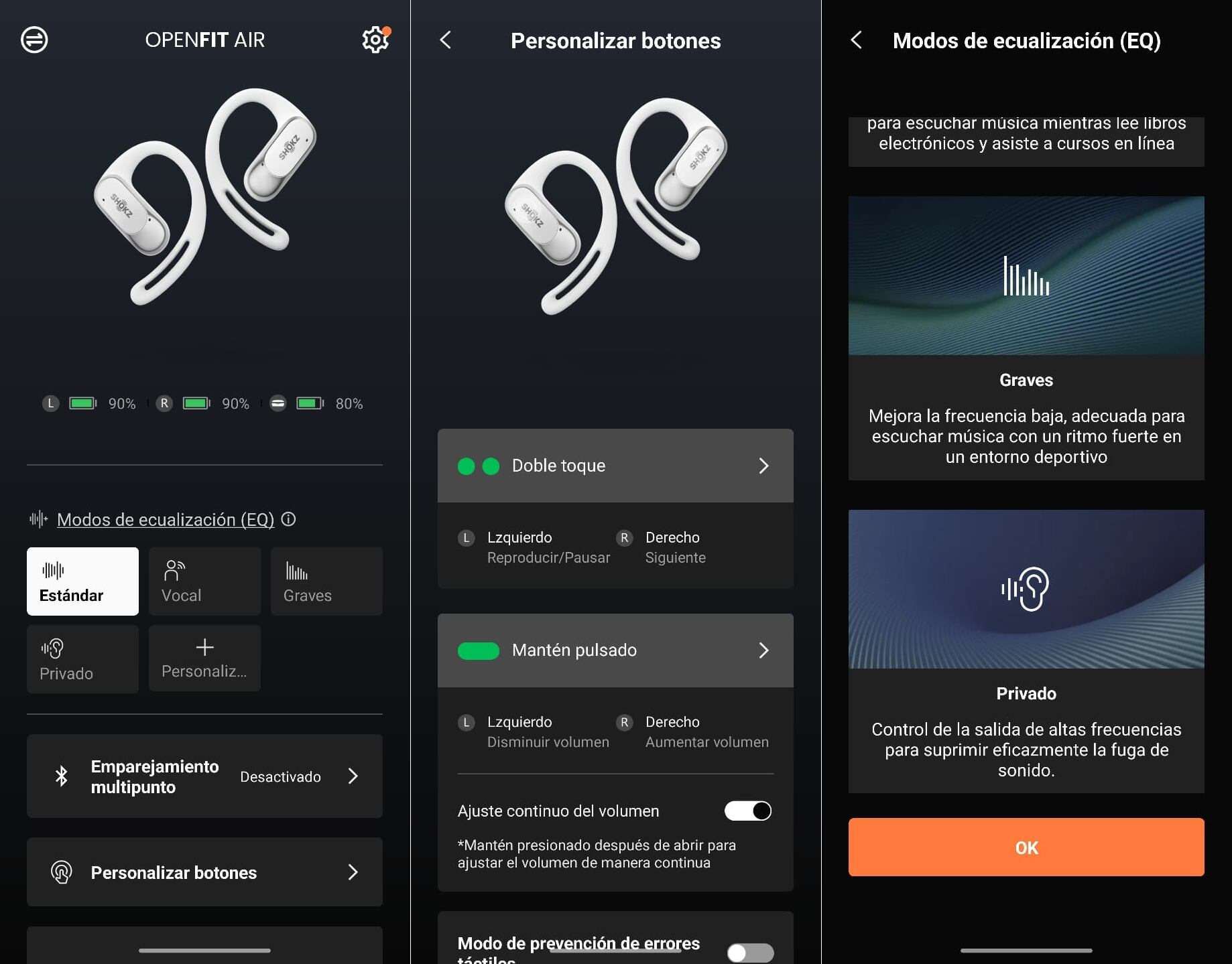 Las opciones de configuración de los Shokz OpenFit Air, incluyendo la ecualización que trata de evitar que se filtre la música