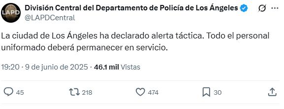 El Departamento de Policía en los Ángeles hizo un llamado a los oficiales a estar atento a posibles incidentes en las manifestaciones