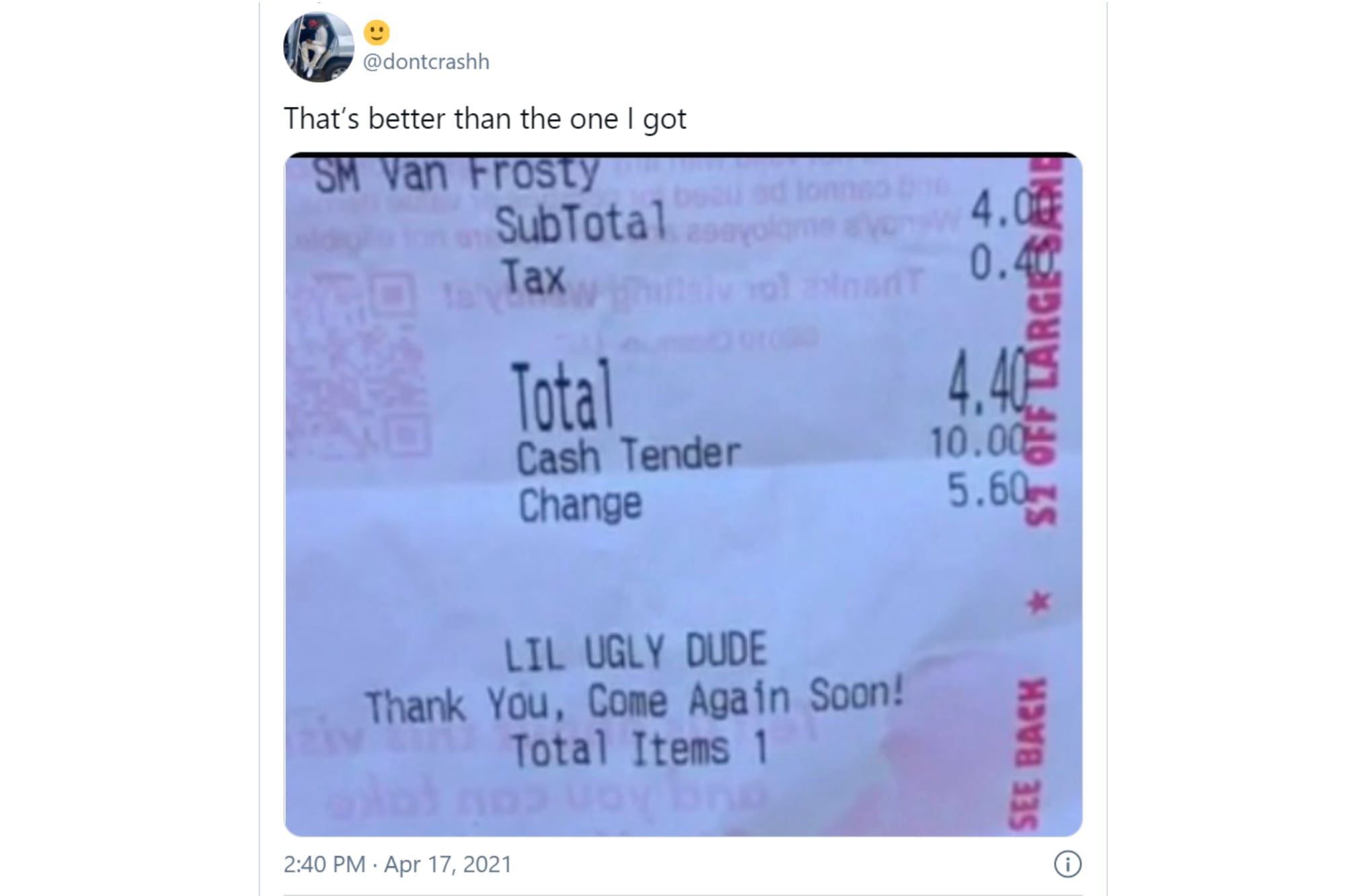 Un joven compartió una imagen de un recibo en el que se lo describía como “el hombre más feo”