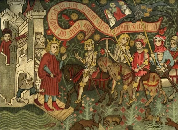 Carlos VII de Francia recibe a Juana de Arco en el castillo de Chinon, 1429, tapiz alemán, Episodio de la Guerra de los Cien Años 1337-1453, Museo de Orleans, Francia