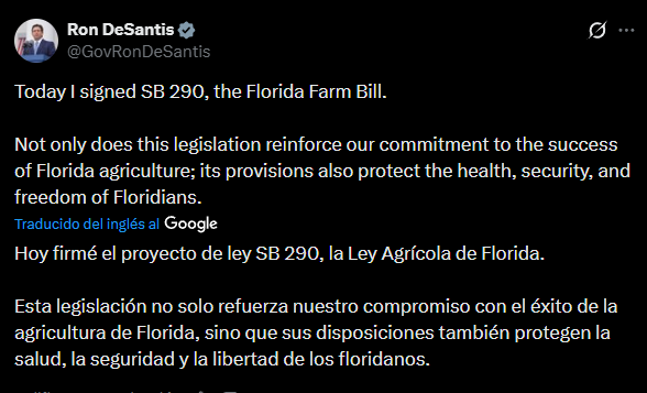 Ron DeSantis presumió la aprobación de la ley SB 290 en Florida con un mensaje en redes sociales