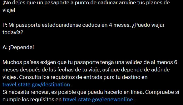El gobierno de Estados Unidos advirtió sobre los inconvenientes de un pasaporte próximo a vencer