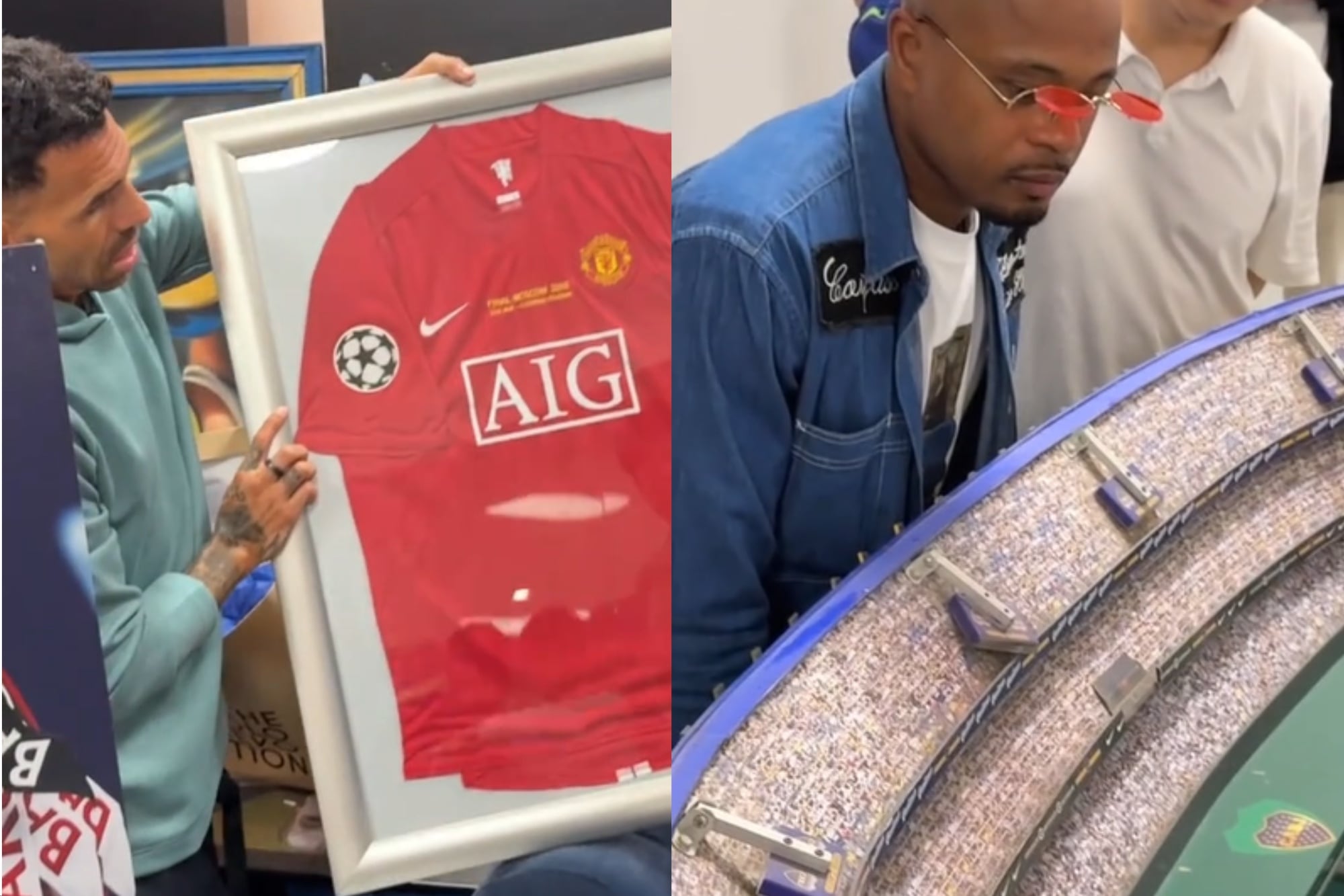 En la casa hay un mini museo donde están las camisetas de fútbol enmarcadas, también cuadros y hasta un metegol de La Bombonera (Foto: Captura de video / TikTok @shootforloveworld)
