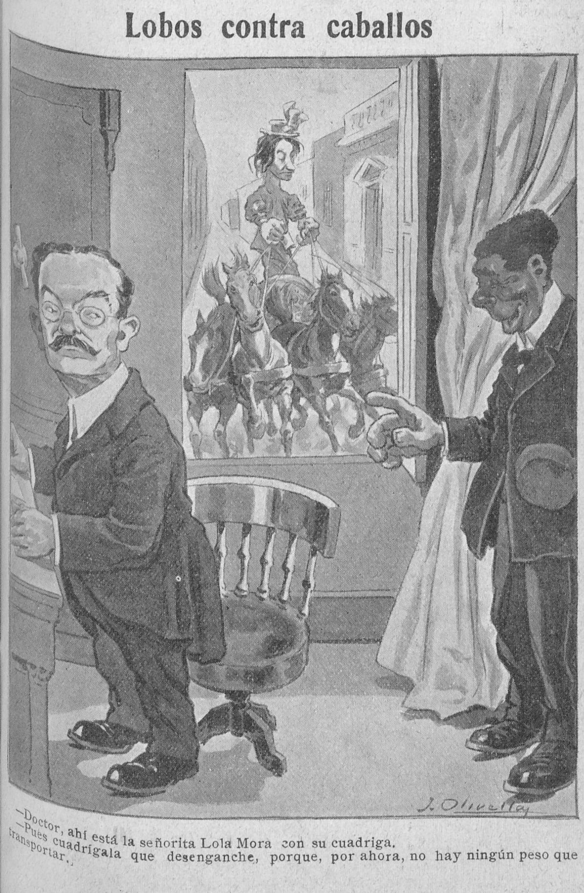 Caricatura de Lola Mora y la cuadriga del Congreso, en la que se ironiza sobre la suspensión de la obra por parte del ministro Lobos debido a la falta de fondos.