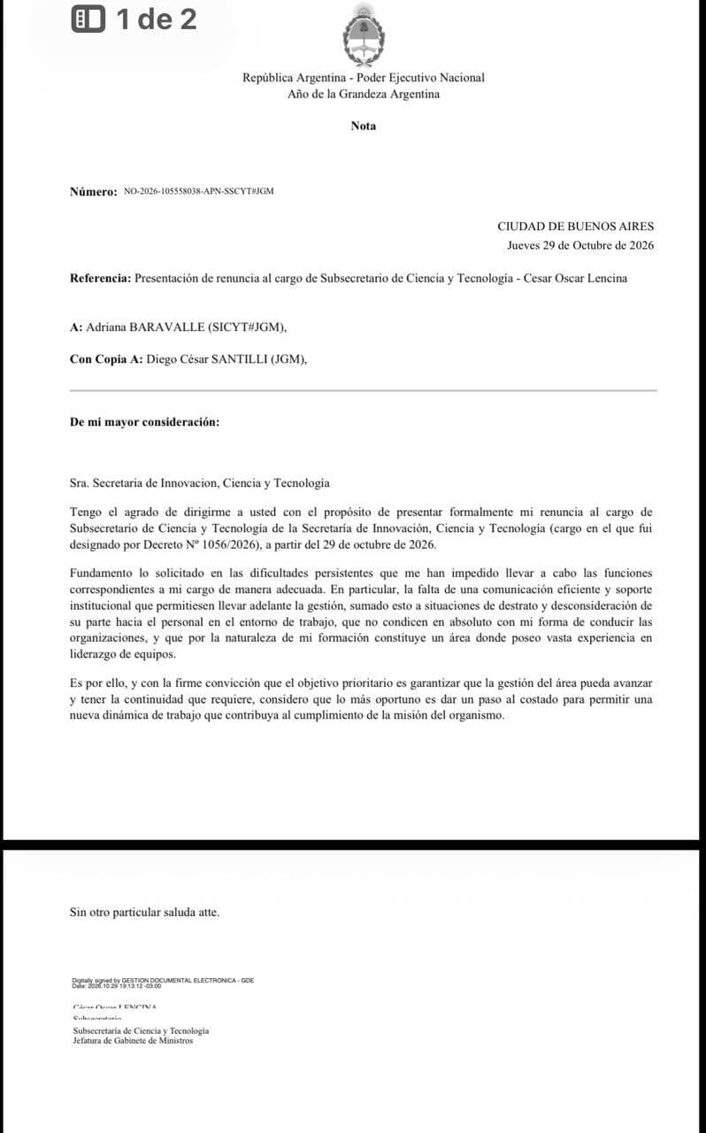 La carta de renuncia de Lencina