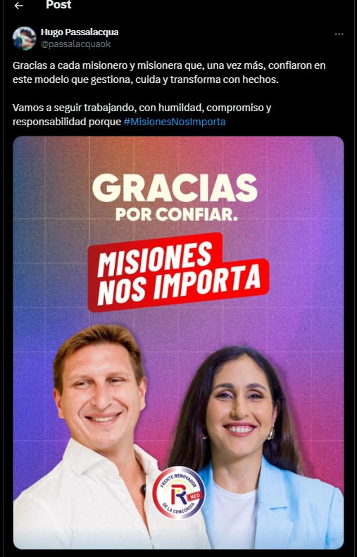 El posteo en X del gobernador misionero, Hugo Passalacqua