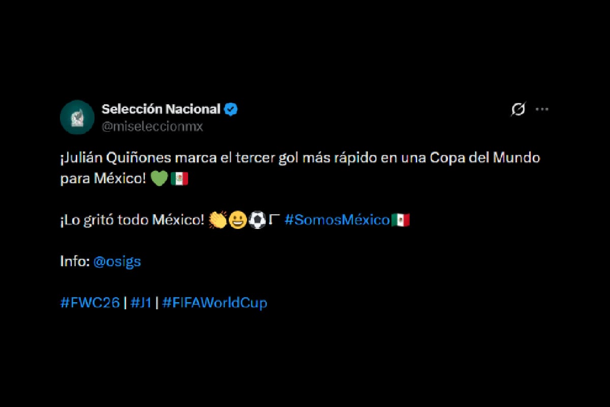 El posteo de la Selección de México tras el gol de Julián Quiñones ante Sudáfrica