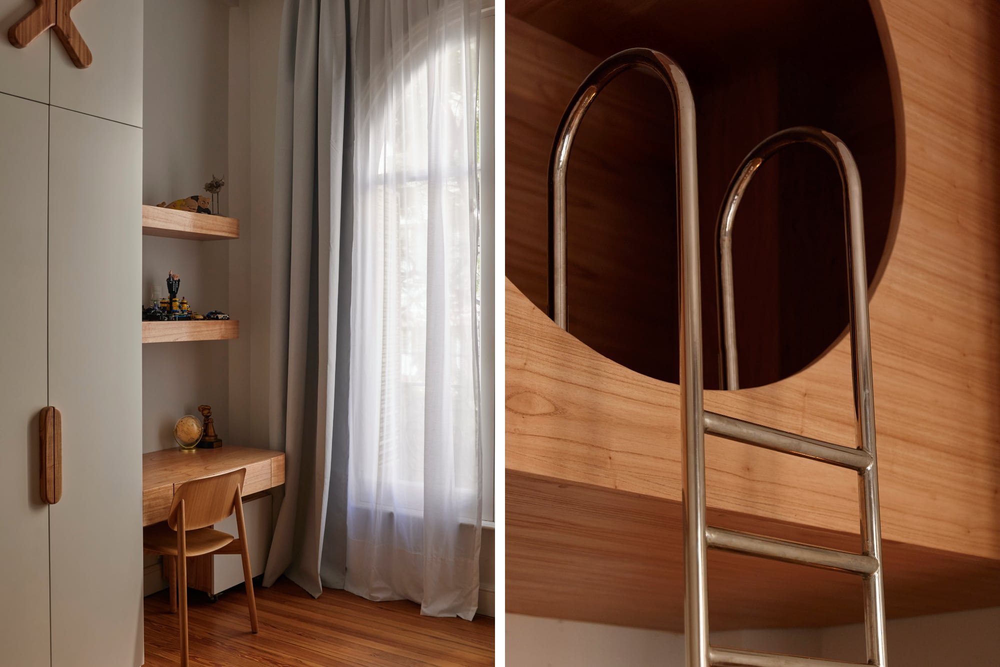 Todo está realizado en madera de paraíso, elegida para dialogar con el tono del piso existente. “Siempre partimos de lo que ya hay y lo potenciamos”, explican.