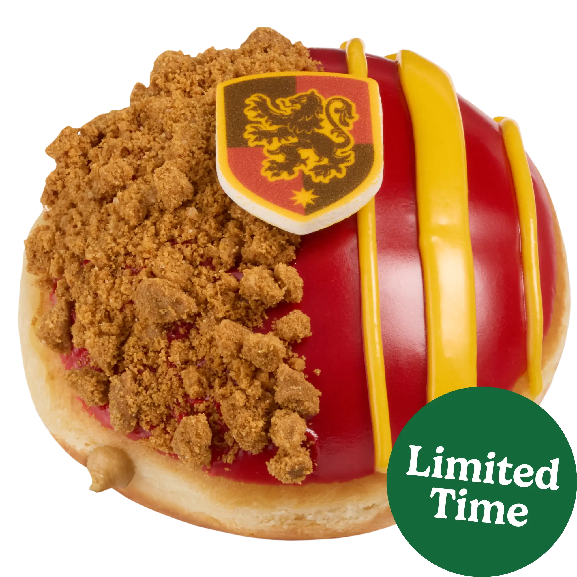 La dona Gryffindor está rellena de crema sabor a crema de galleta, con cobertura roja y trozos de Biscoff,