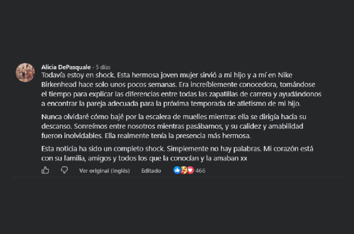 Alicia DePasquale, una mujer que conoció a la deportista, recordó el encuentro que mantuvo con ella pocas semanas antes de su muerte.