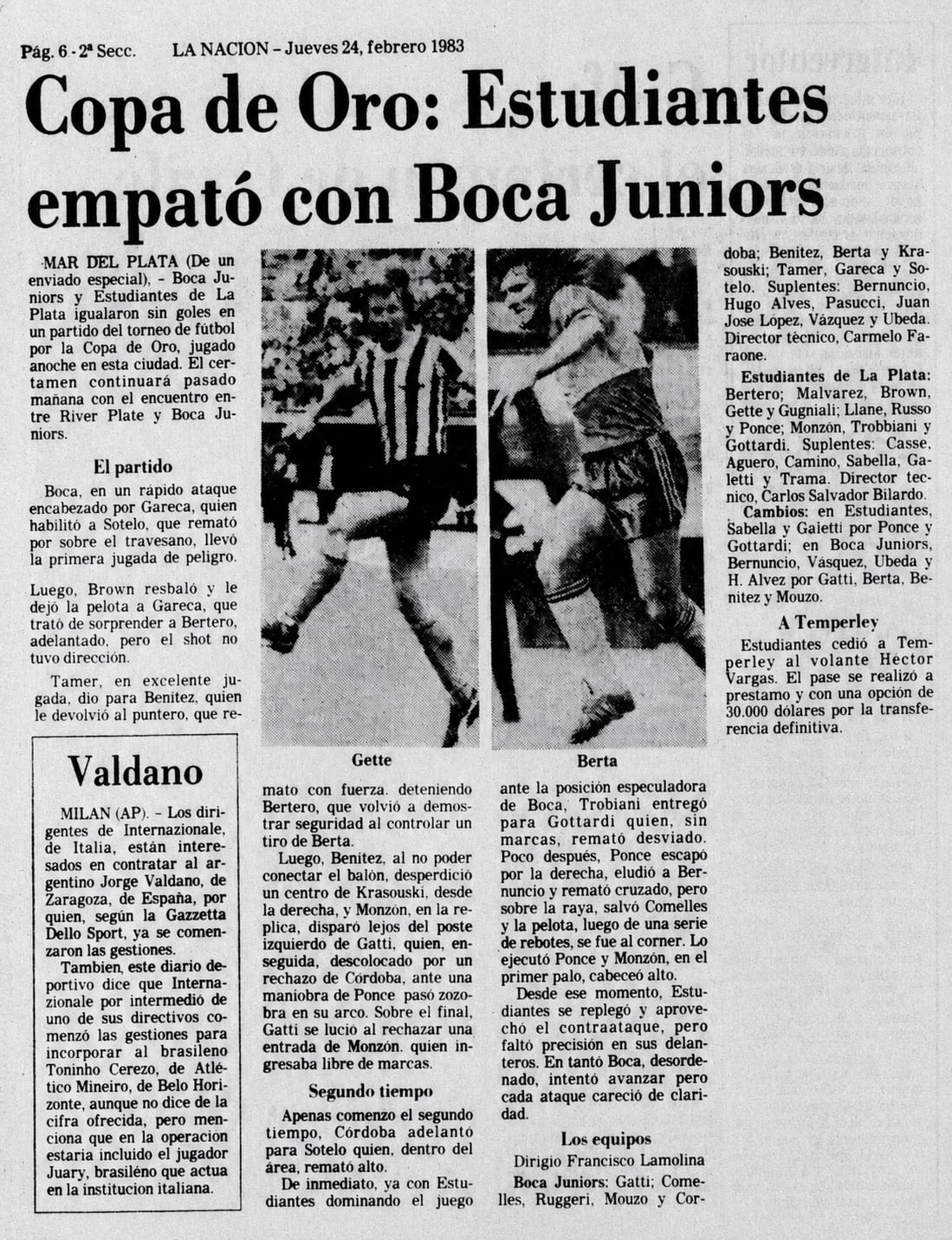 Recorte de LA NACION del 24 de febrero de 1983, un día después del primer partido de Úbeda tras su regreso al club de la Ribera.