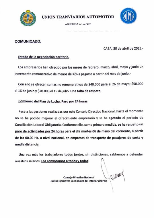 El comunicado de la UTA sobre la medida de fuerza del próximo 6 de mayo