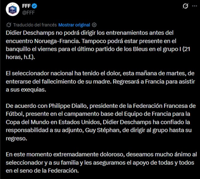 El comunicado de la Federación Francesa de Fútbol