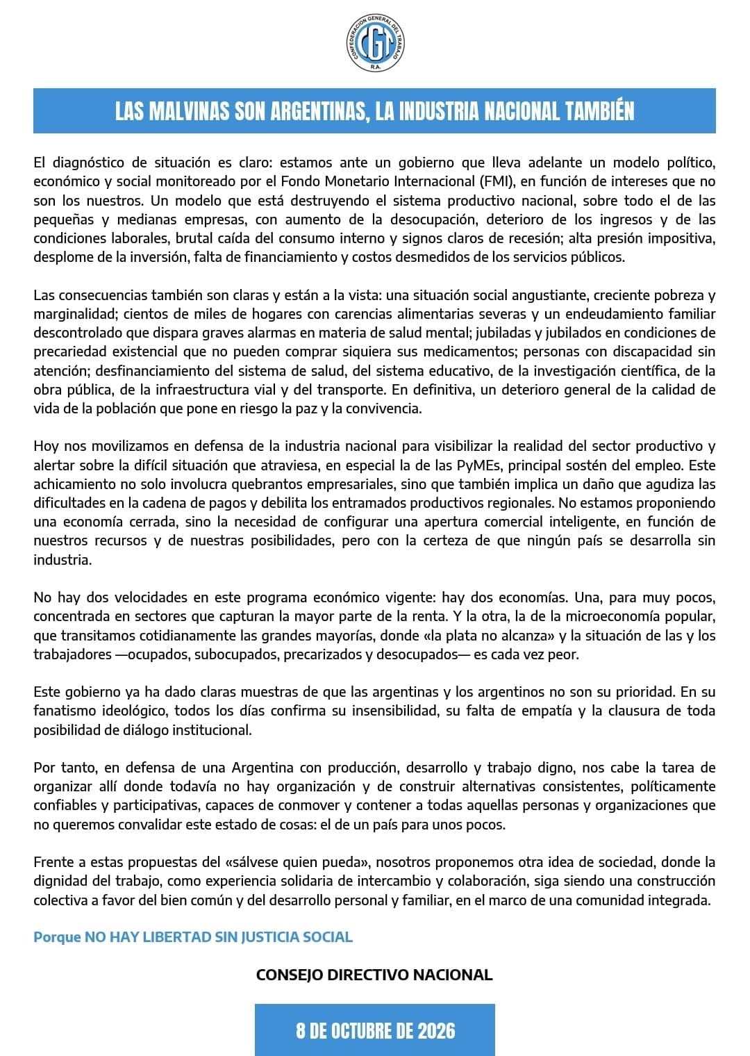 El documento de la CGT en favor de la industria nacional