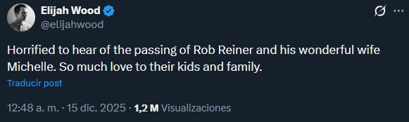 El posteo de Elijah Wood dedicado a Rob Reiner y su mujer