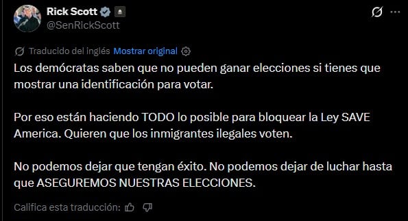 El mensaje del legislador Rick Scott en sus redes sociales