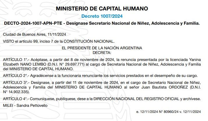 El decreto que formaliza la salida de Yanina Nano Lembo