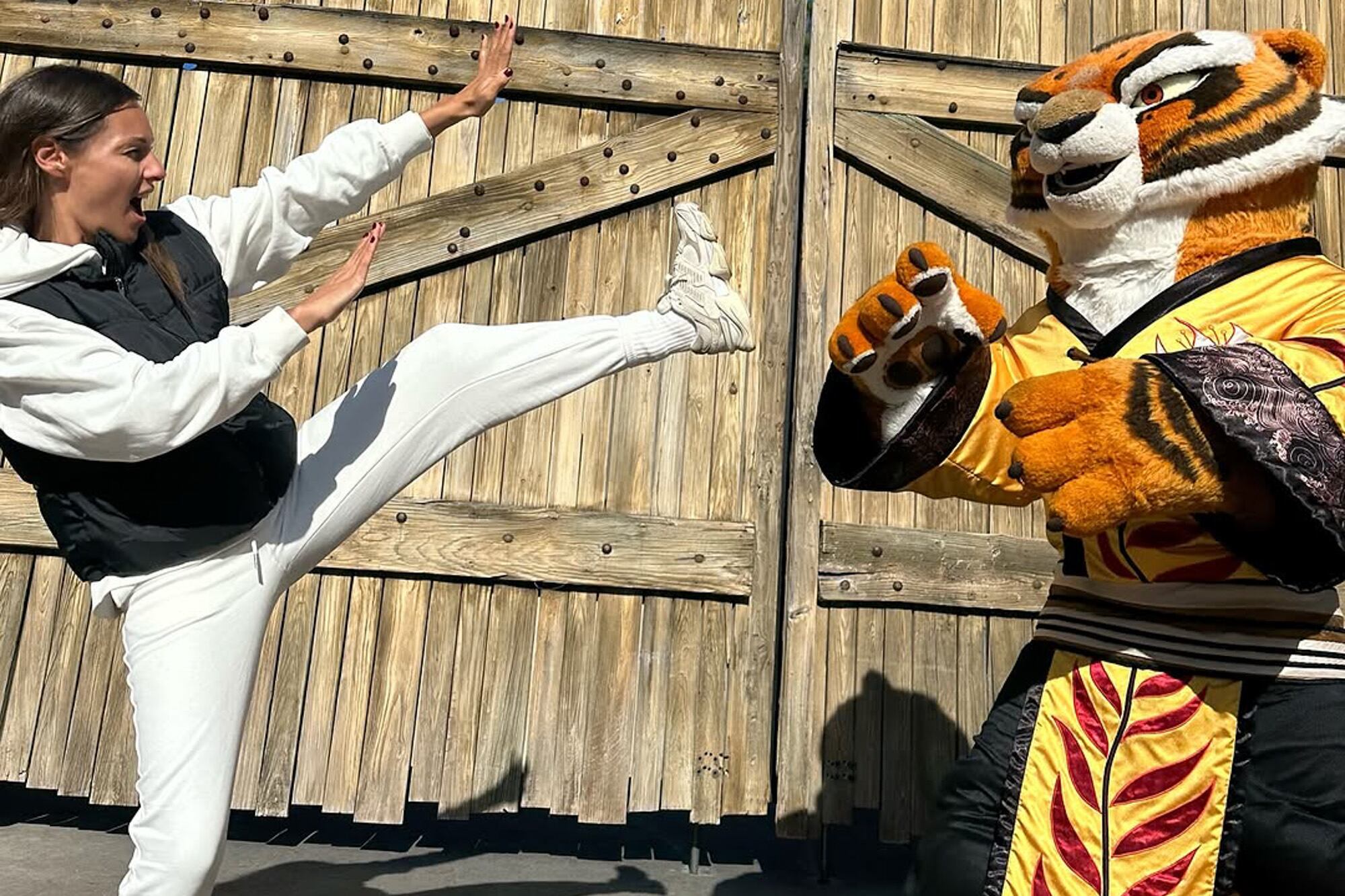 La modelo haciéndole frente a la Maestra Tigresa, personaje de la saga Kung Fu Panda.