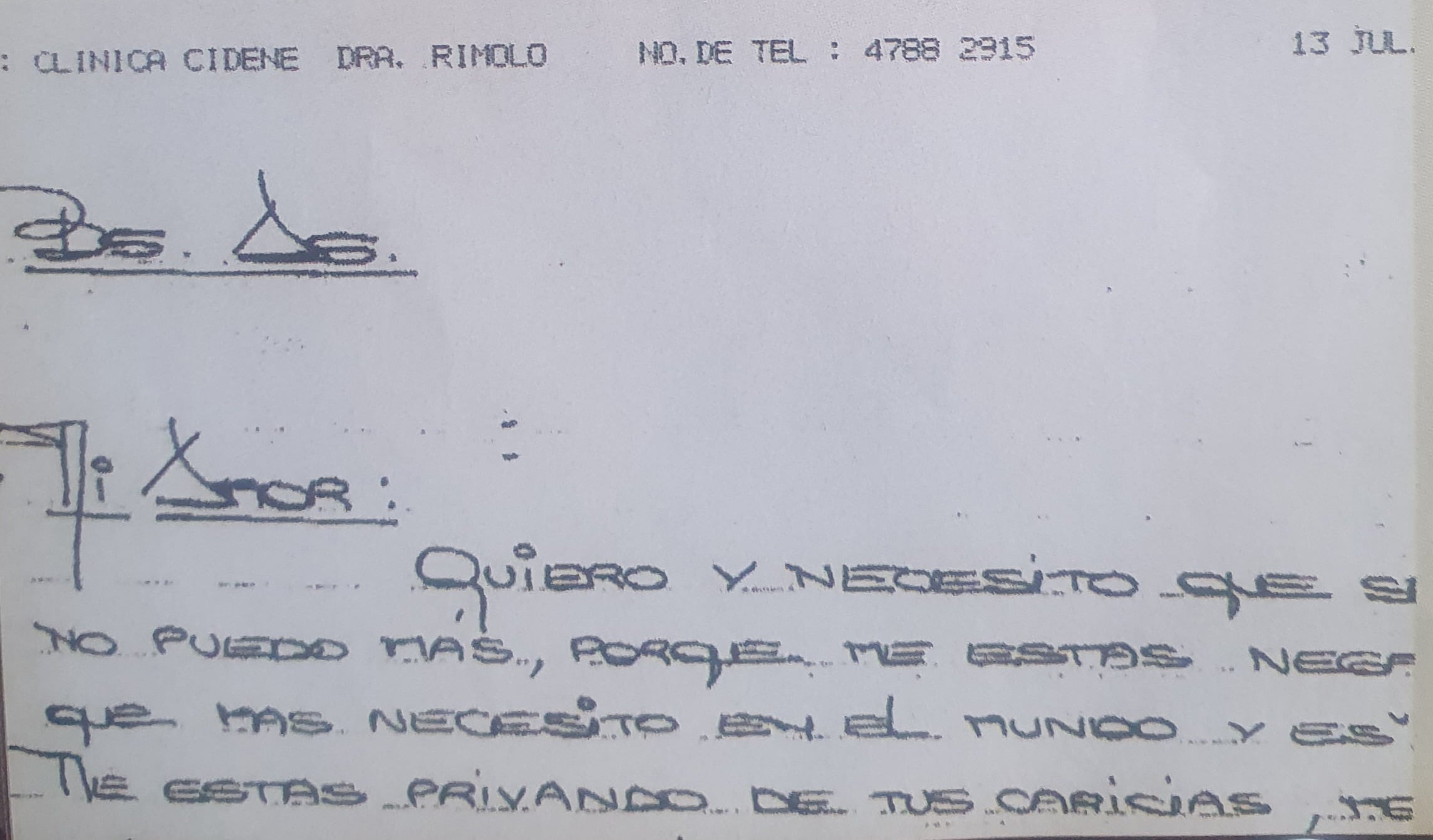 Una de las cartas de Rímolo para Soldán: le imploraba por su amor y compañía desde la cárcel