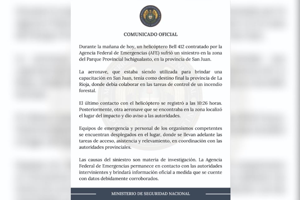 Murieron los siete tripulantes del helicóptero que cayó en el Parque Ischigualasto en San Juan 8 La Agencia Federal de Emergencias -que depende del Ministerio de Seguridad- emitió un comunicado minutos después de las 16, en el que realizó un reconstrucción del siniestro paso por paso