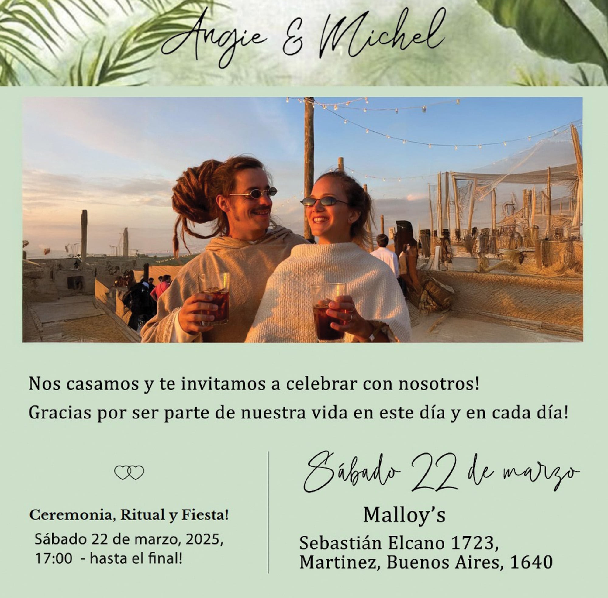 La invitación a la boda, que se celebró en el restaurante de la familia del novio.