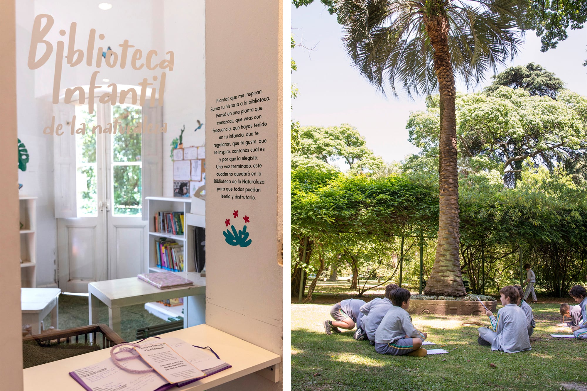 La biblioteca infantil dentro de la casona y un grupo de niños descubriendo las plantas del jardín