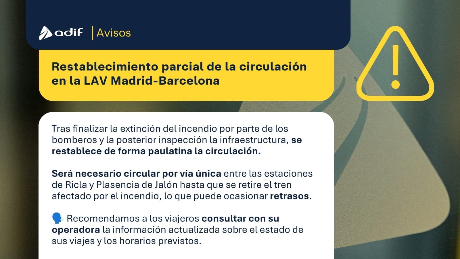 El servicio de tren de alta velocidad Madrid-Barcelona se restableció parcialmente con retrasos