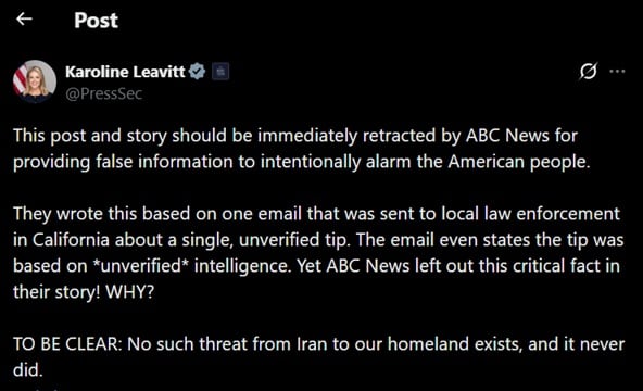 La Casa Blanca desmiente el informe de ABC News sobre posibles ataques iraníes en California