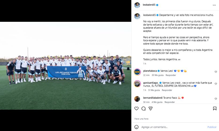 El posteo de Balerdi tras quedar afuera del Mundial por una lesión (Foto: Instagram @leobalerdi5)